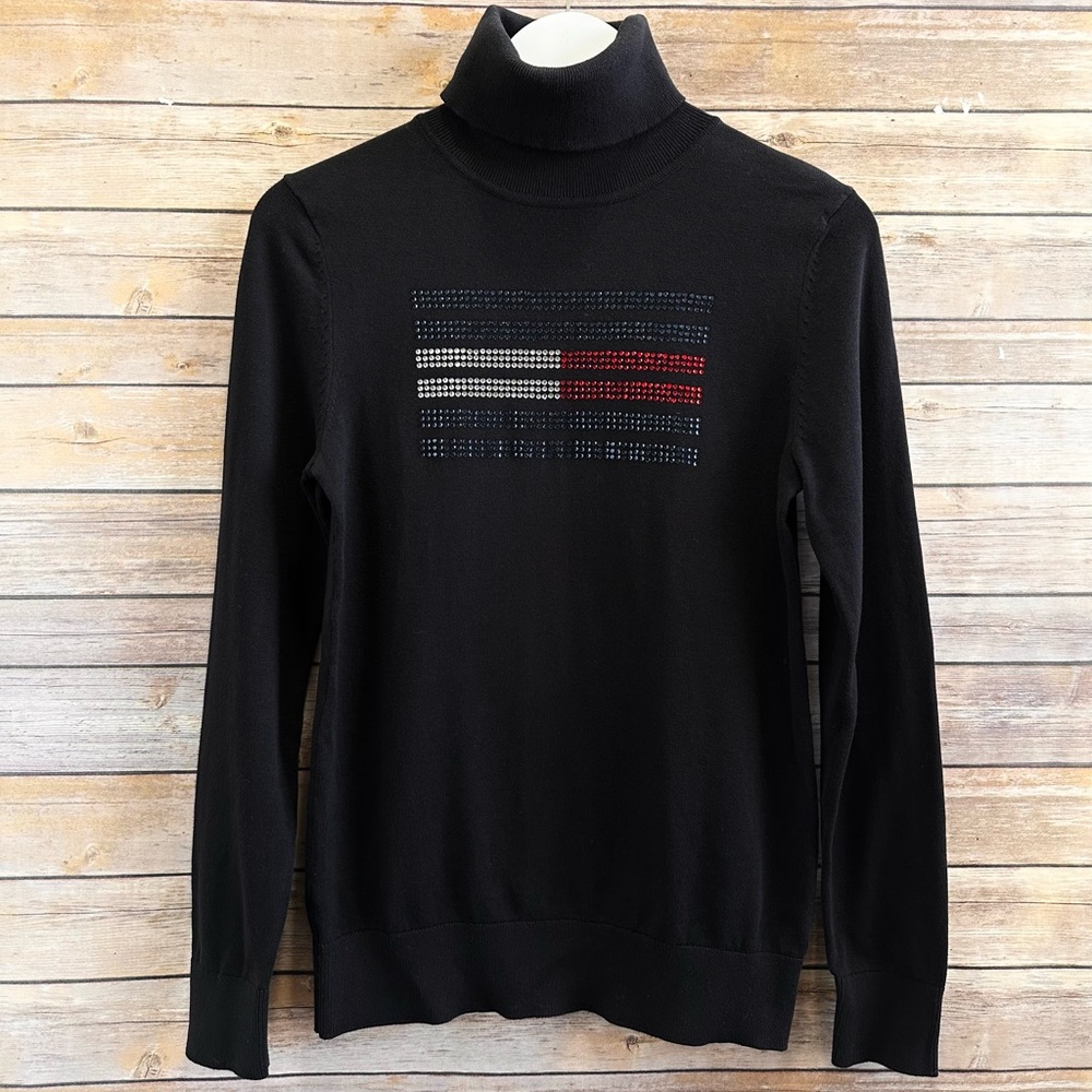 Tommy Hilfiger Sweater Women’s Size XS Black Turtleneck Rhinestone Logo NWT